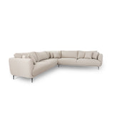 Lyric Sectional boasts generously cushioned arms, back, and seats. Upholstered in a stunning neutral-colored polyester fabric, this sectional is designed for stylish relaxation. The contemporary touch of modern black metal legs adds an elegant flair to the overall design. With ample seating, the Lyric Sectional seamlessly integrates into your living or entertainment rooms, becoming a focal point of your home decor.