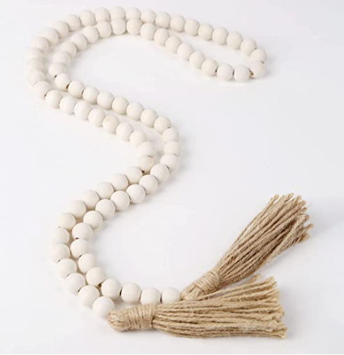 Wooden Bead Garland Farmhouse Rustic Country Tassle Prayer Beads Wall Hanging Decorations, Beige
