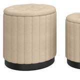 6. "Beige and Black Round Ottoman Set - Convenient Storage Solution"