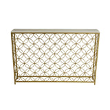 3. "Versatile Regal Console Table with Drawers and Open Shelf"