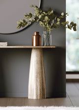 8. "Sophisticated Truffle Console Table with a rich, dark finish"