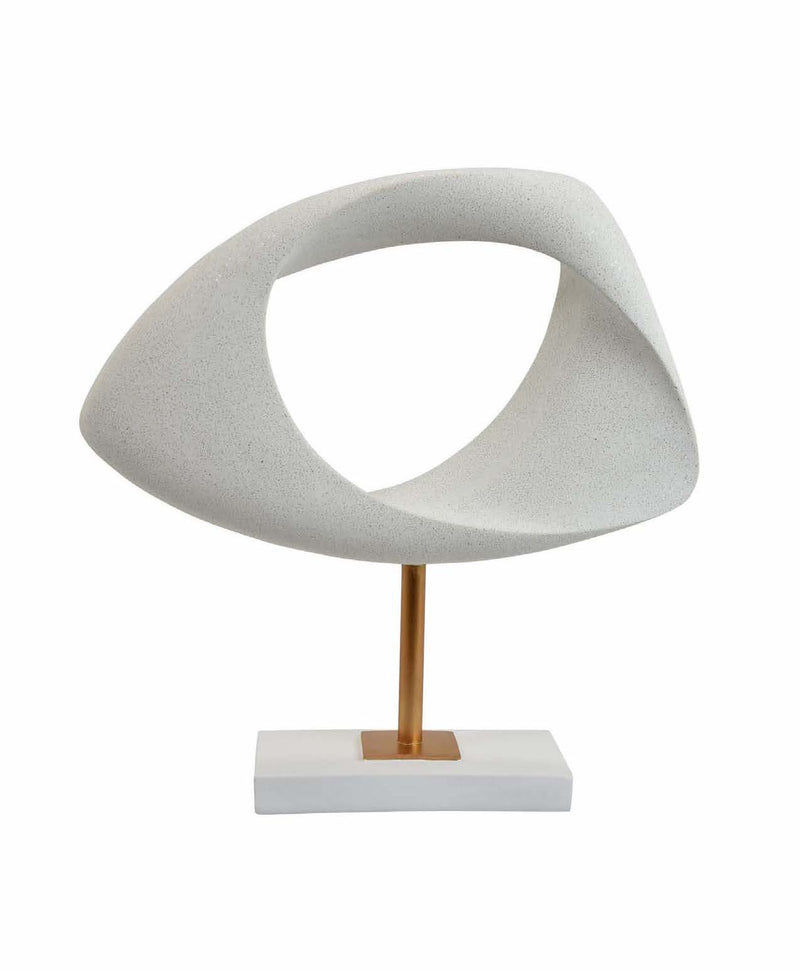 abstract horizontal elliptical sculpture with textured white finish