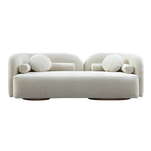 this media sofa, offering both comfort and style. Its contemporary design and refined silhouette, accentuated by a curved low back, effortlessly blend with any current home decor. Adorned in exquisite white boucle fabric, this two or three-seater sofa adds a touch of elegance to your living space, making it a versatile and chic piece for your media and entertainment area.