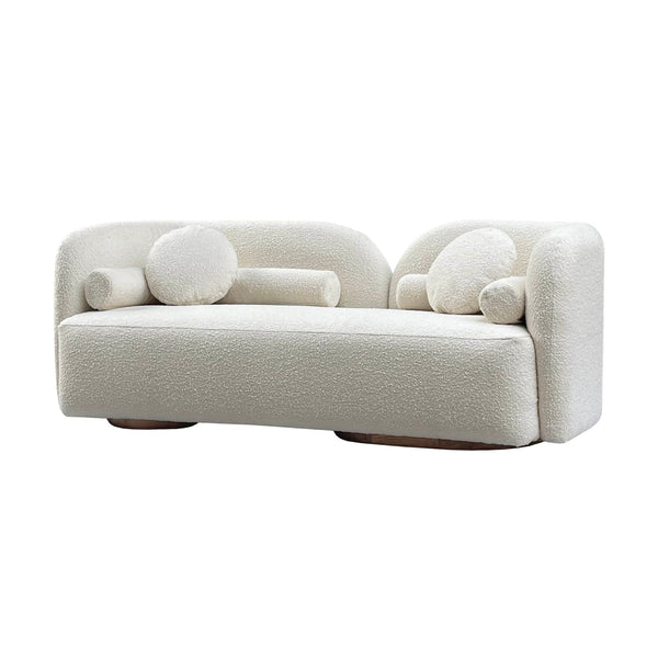 this media sofa, offering both comfort and style. Its contemporary design and refined silhouette, accentuated by a curved low back, effortlessly blend with any current home decor. Adorned in exquisite white boucle fabric, this two or three-seater sofa adds a touch of elegance to your living space, making it a versatile and chic piece for your media and entertainment area.