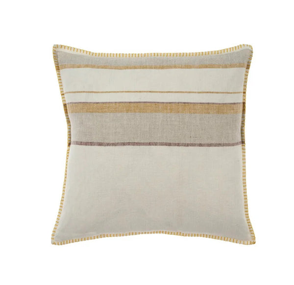 Made from beautiful finely woven linen fabric, the Bocas Linen Pillow features clean lines in stonewashed terracotta, warm grey and red wine on a white base. The stripes are woven and not printed for an elevated look and is embellished with blanket stitch in a rich ochre thread. It creates a welcoming atmosphere when paired with floral patterns in complementary hues. Complete with a premium feather down filler for fabulous fluff factor and comfort you'll want to sink your head into.