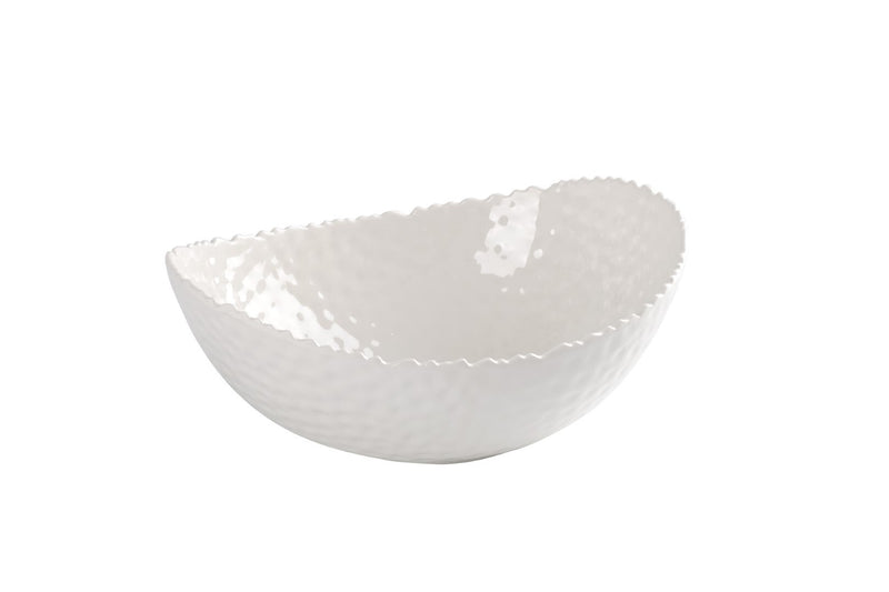 white 'hammered' melamine serving bowl. Superior quality, shatterproof melamine combines style with durability. Ideal for outdoor entertaining.