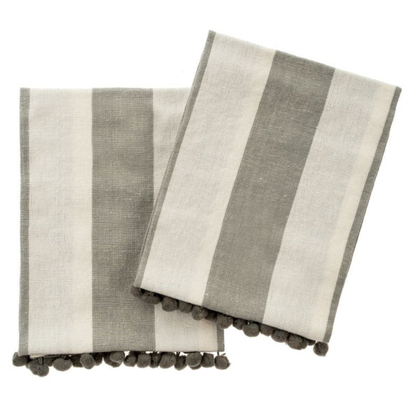 Pom Pom Stripe Tea Towels Set of 2 ~ Grey