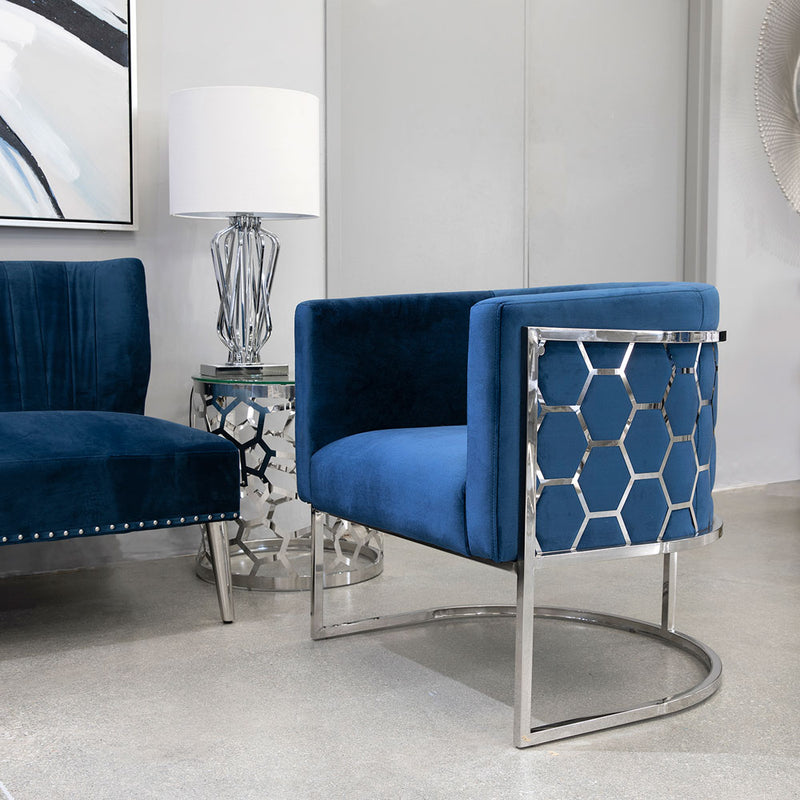2. "Stylish honeycomb chair in blue velvet fabric"
