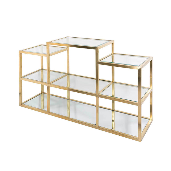 1. "Elegant multi-level gold console table with intricate detailing"