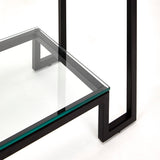 3. "Versatile Krista Black Console Table with multiple shelves and drawers"
