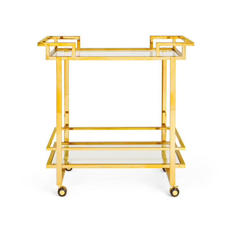 5. "Functional Dorsey Gold Bar Cart with built-in wine rack and stemware holders"