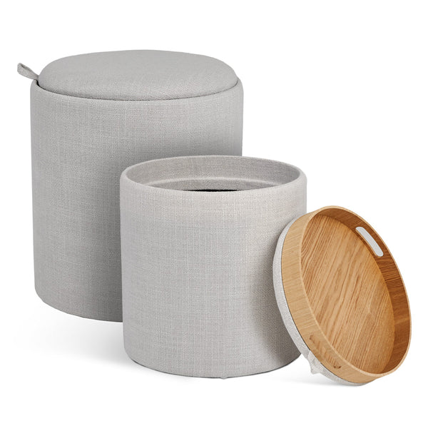 1. Lambert Round Tray Ottoman (Set of 2): Light grey linen with versatile tray tops