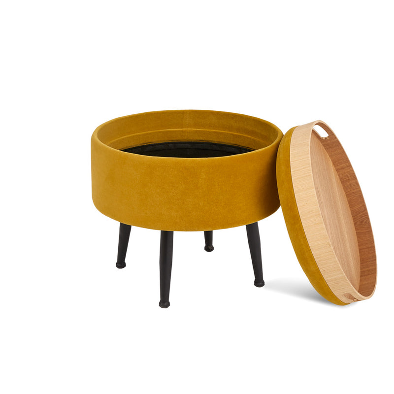 10. "Ochre Yellow Round Tray Ottoman - Durable and Easy to Clean"