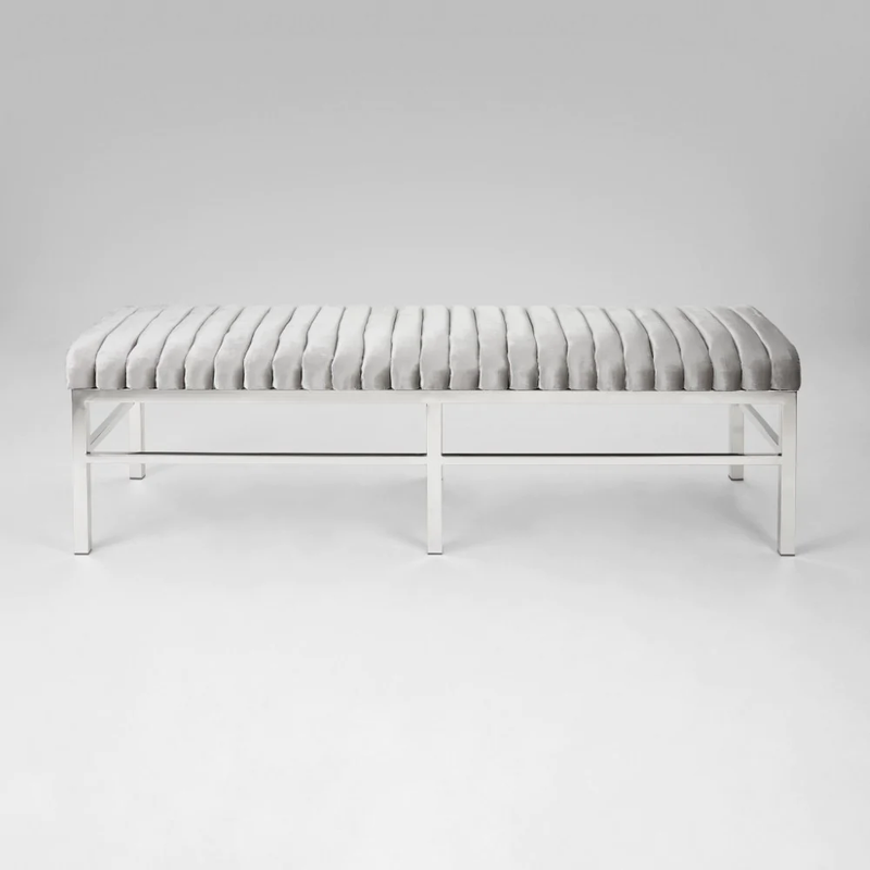 2. "Grey Velvet Channel Bench - Stylish and Versatile Furniture Piece"