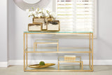 4. "Glamorous Barolo Gold Console Table with a sleek glass shelf"
