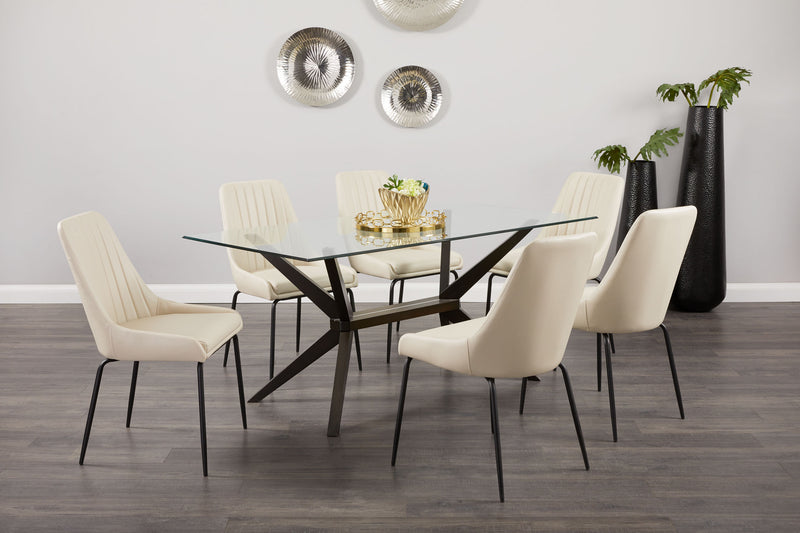 13. Moira Black Dining Chair: Taupe Leatherette - Create a cozy and inviting atmosphere in your dining area