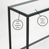 10. "Krista Black Console Table with a smooth finish and sleek lines"