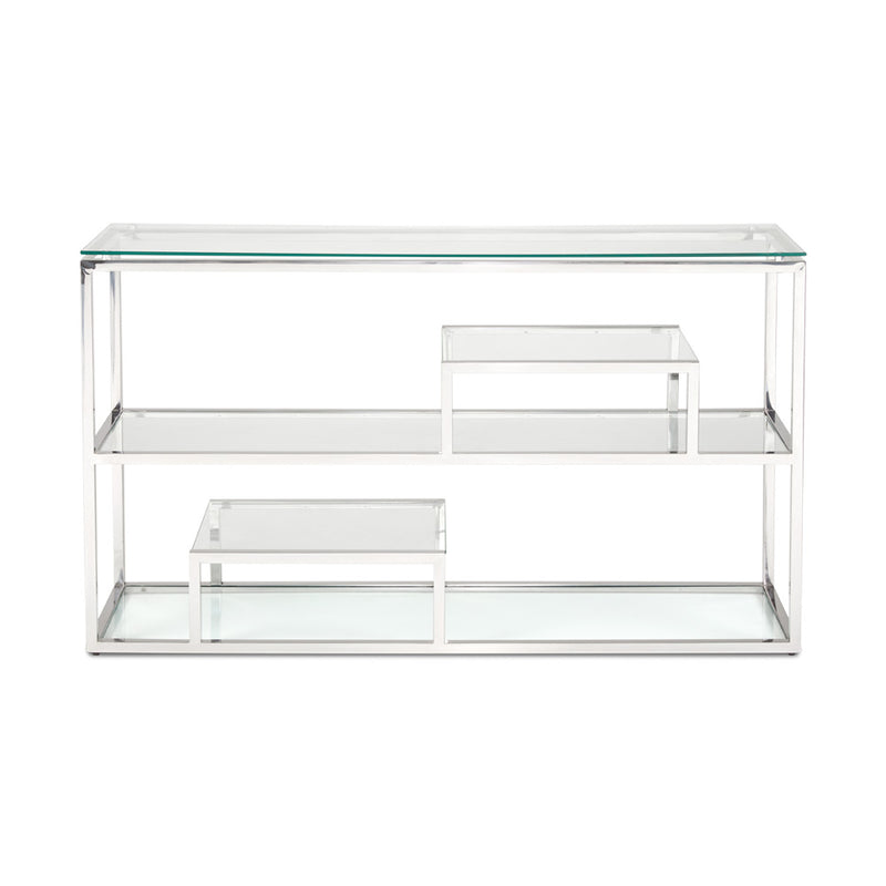 5. "Functional Barolo Steel Console Table with spacious drawers and shelves"