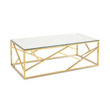 1. "Carole Gold Coffee Table with elegant glass top and metallic accents"