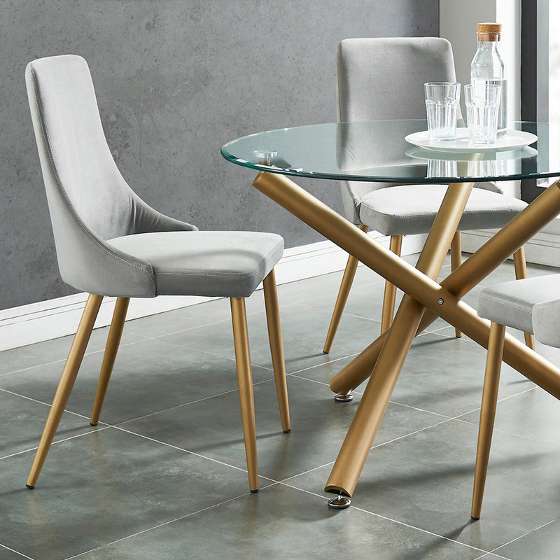 2. "Grey and Aged Gold Carmilla Dining Chairs - Stylish and sophisticated addition to your home decor"
