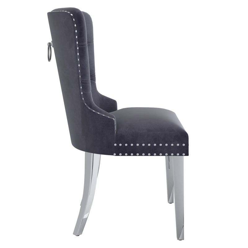 5. "Hollis Dining Chair, Set of 2 - Grey upholstery with chrome accents"