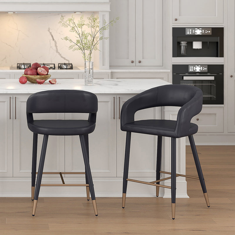 2. "Black Faux Leather Counter Stools - Set of 2, perfect for modern kitchen or bar area"