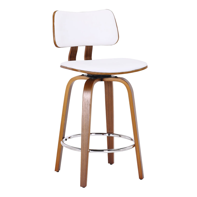 1. "Zuni 26" Counter Stool with Swivel in White Faux Leather and Walnut - Sleek and stylish seating option"