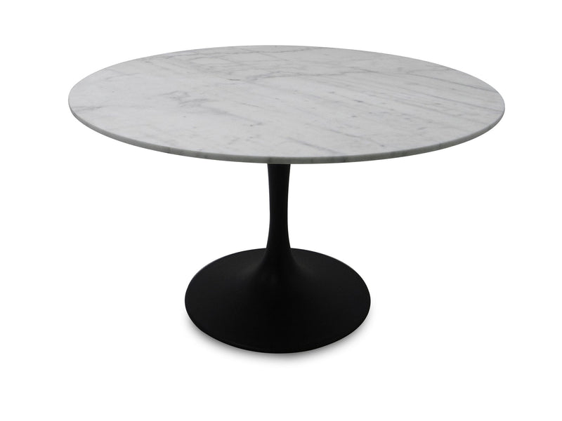 1. "Valencia Round Dining Table - White Marble/ Matte Black Base: Elegant and modern dining table with a white marble top and matte black base."