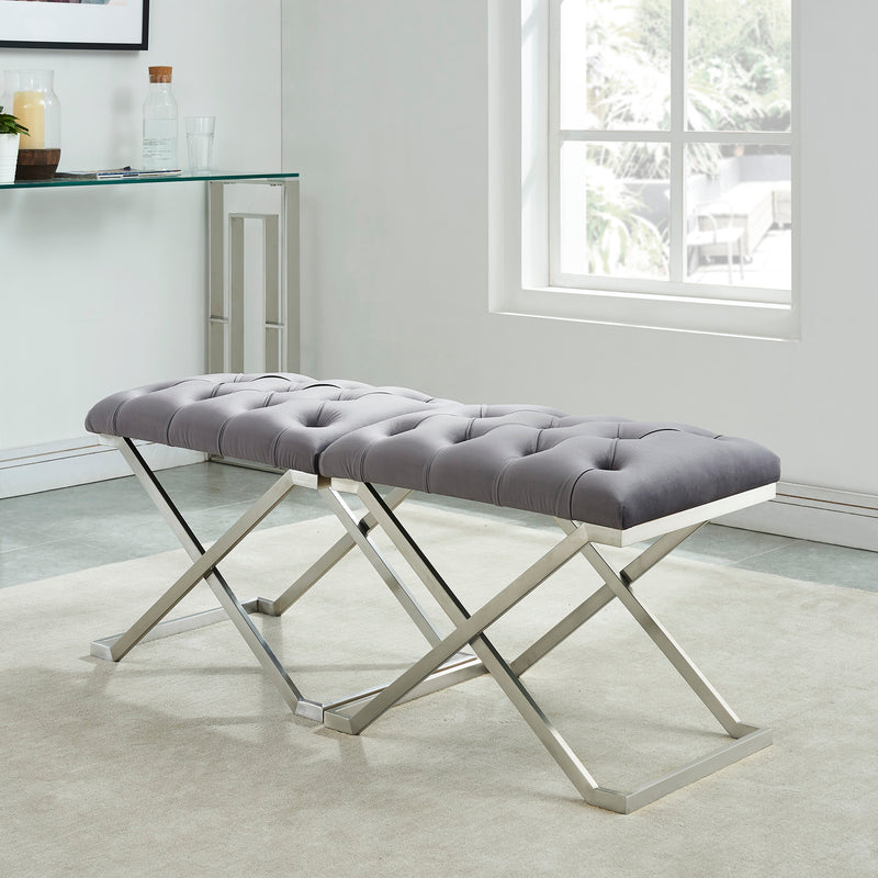 4. "Grey and Silver Upholstered Aldo Bench - Comfortable and chic seating option"