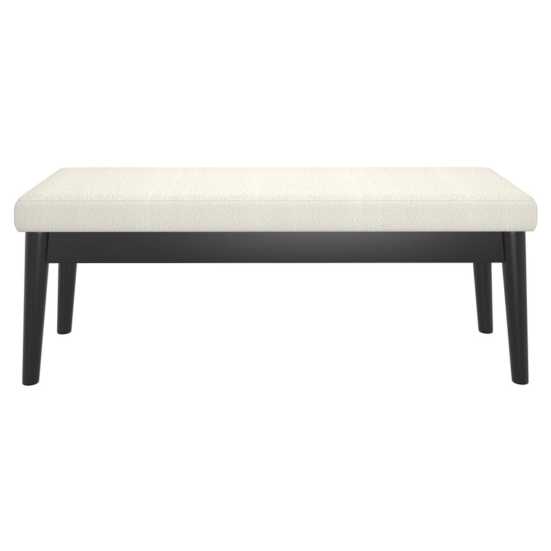 3. "Comfortable cream and black bench for outdoor spaces"
