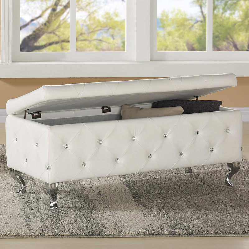 2. "White and Chrome Storage Ottoman Bench - Ideal for Organizing and Decluttering"