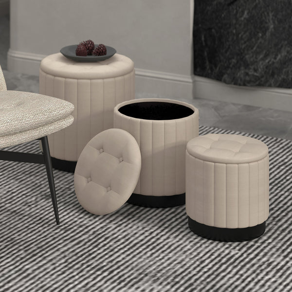 2. "Beige and Black Round Storage Ottoman Set - Perfect for Small Spaces"