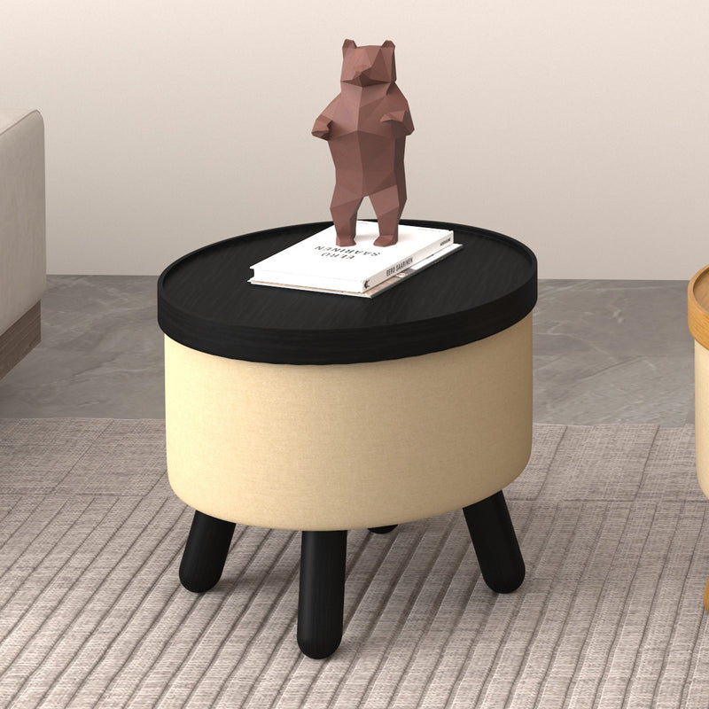 2. "Beige and Black Round Storage Ottoman with Tray - Functional and Chic"