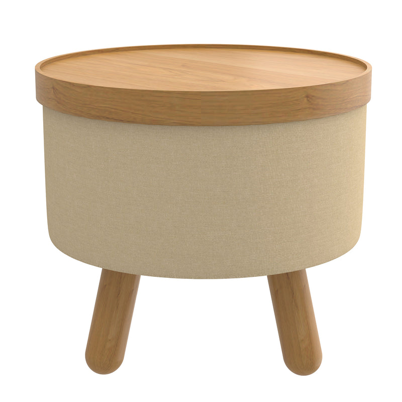 3. "Betsy Round Storage Ottoman - Beige and Natural Color Scheme"