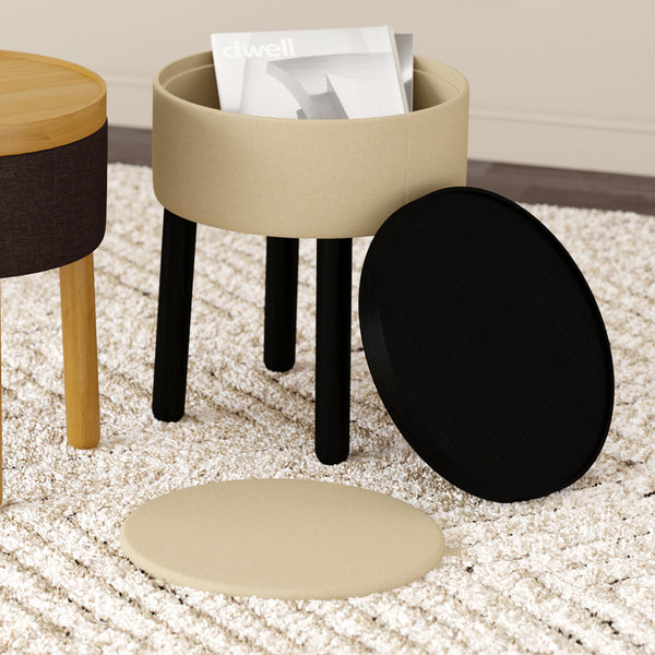 2. "Beige and Black Round Storage Ottoman with Tray - Functional and Chic"