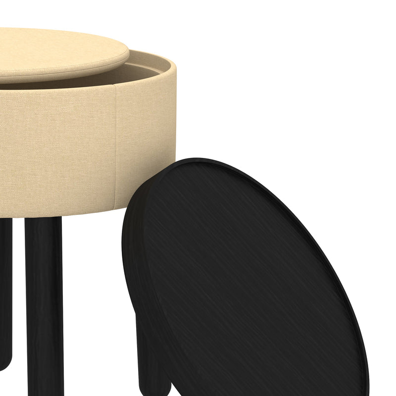 6. "Beige and Black Round Storage Ottoman - Multi-functional and Elegant"