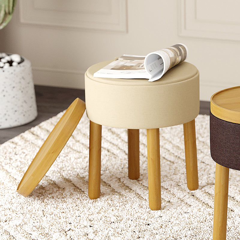 2. "Beige and Natural Round Storage Ottoman with Tray - Functional and Chic"