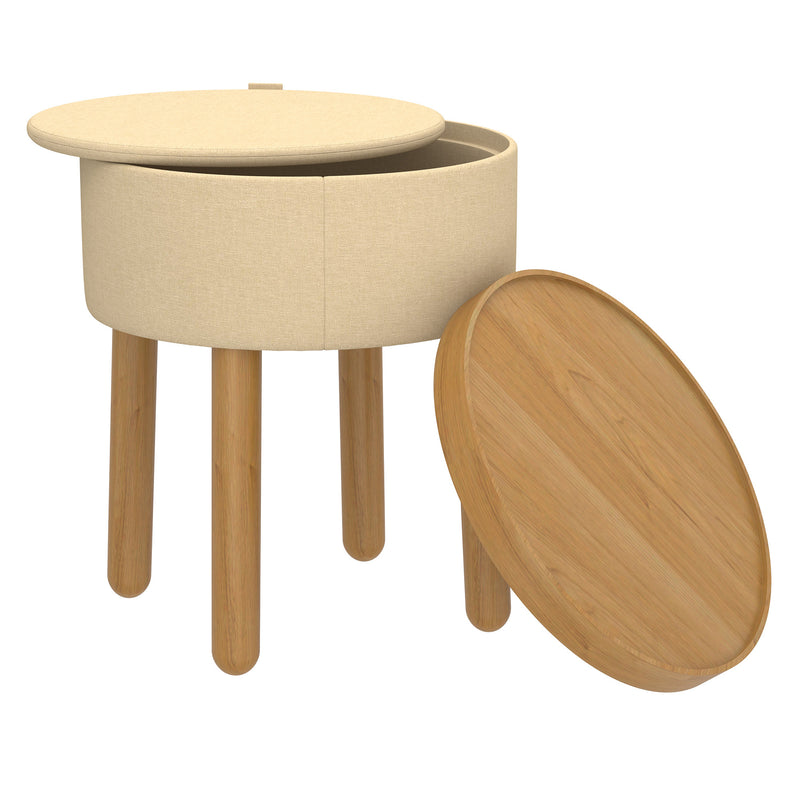 3. "Polly Round Ottoman with Tray - Beige and Natural Storage Solution"
