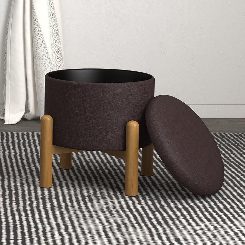 2. "Charcoal and Natural Round Storage Ottoman - Perfect for Small Spaces"