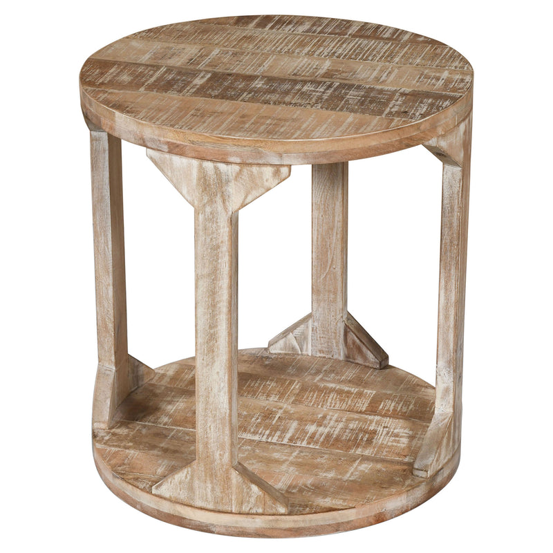 3. "Avni Round Accent Table - Handcrafted with a distressed natural finish"