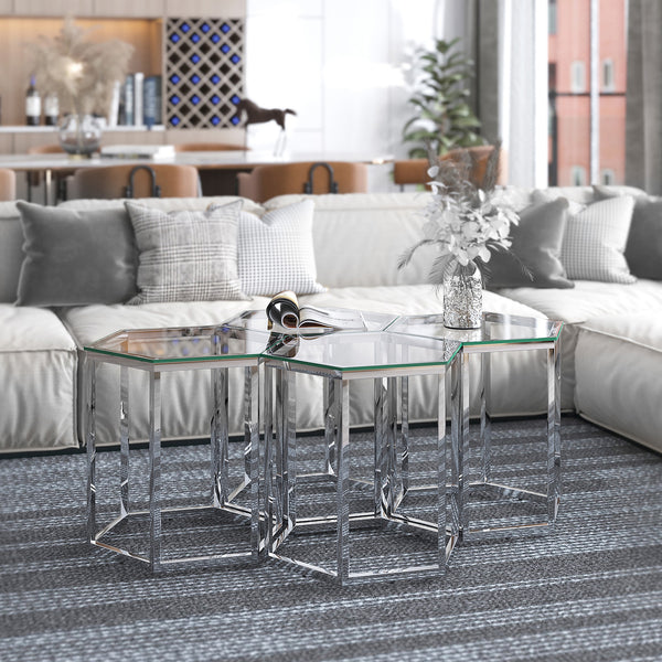 2. "Silver accent table set - Enhance your home decor with this stylish furniture collection"