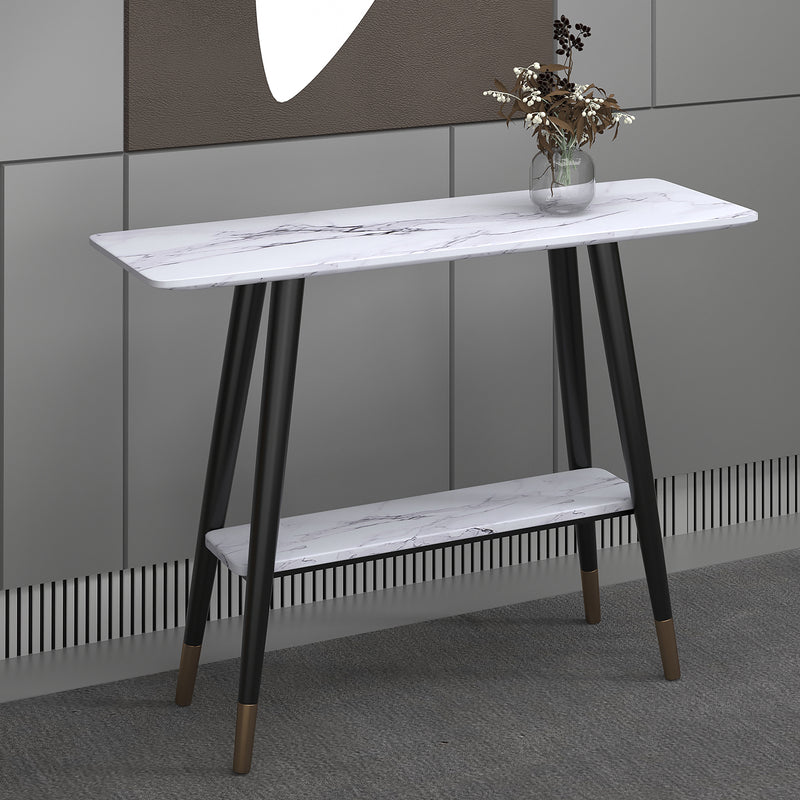 2. "White Faux Marble Console Table - Stylish Addition to Any Living Space"
