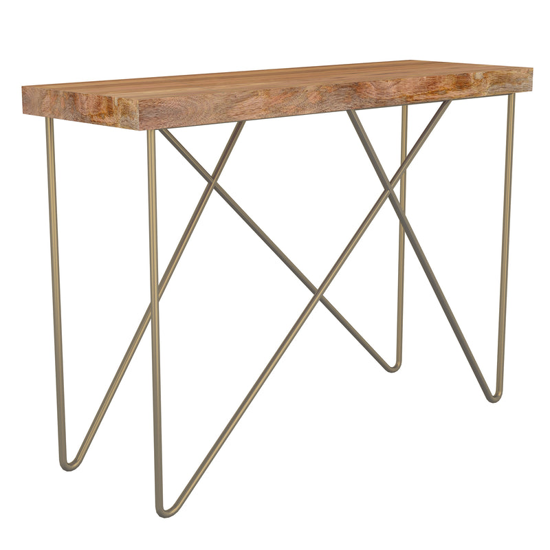 1. "Madox Console Table in Natural and Aged Gold with spacious storage"