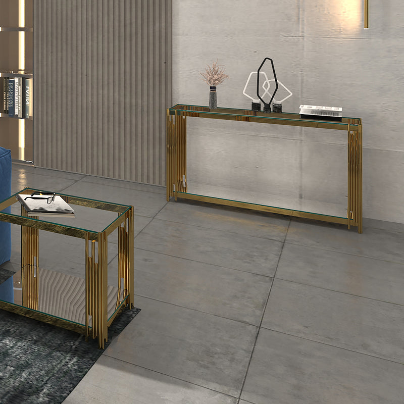 2. "Stylish Estrel Console Table in Gold for modern interiors"