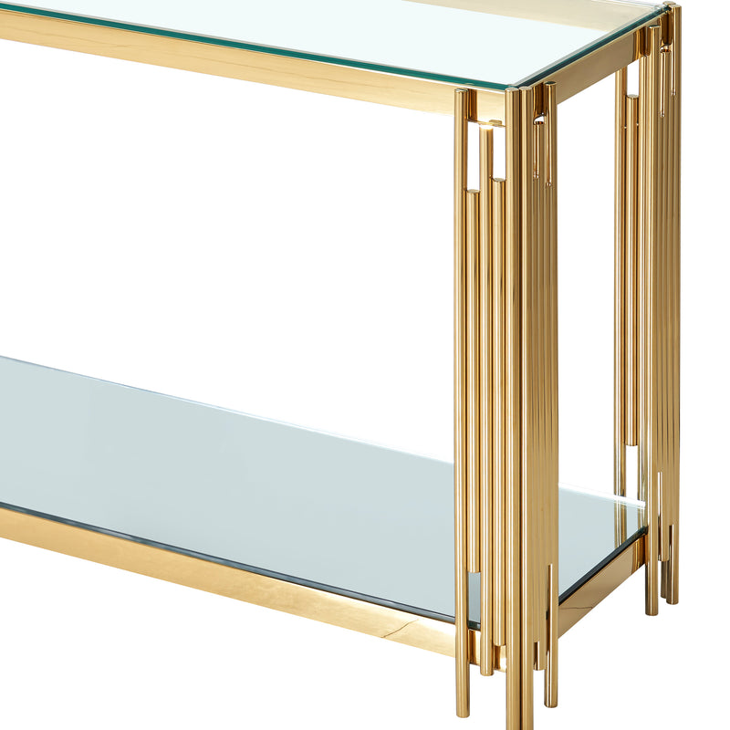 7. "Sophisticated Estrel Console Table in Gold for entryways or hallways"