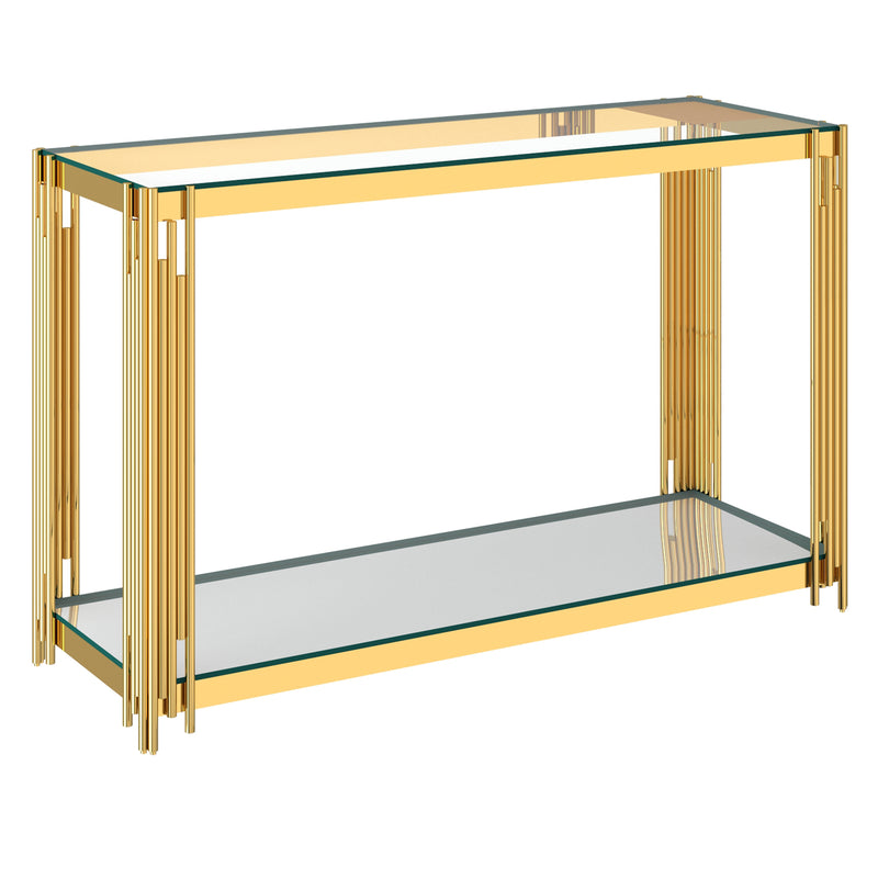 1. "Estrel Console Table in Gold with elegant design and ample storage"