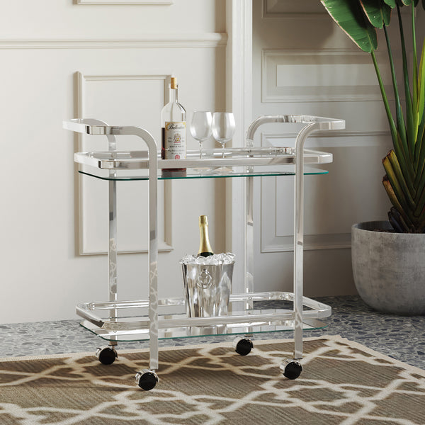 2. "Chrome bar cart with two tiers - Perfect for serving drinks and snacks"