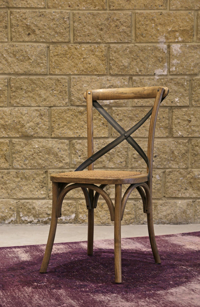 2. "Rustic Cross Back Chair with Rattan Seat, ideal for dining rooms and kitchens"
