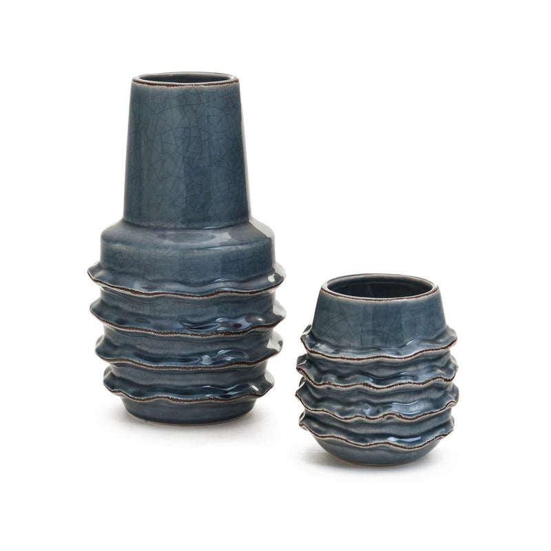 Blue Ceramic Vase with Ruffles