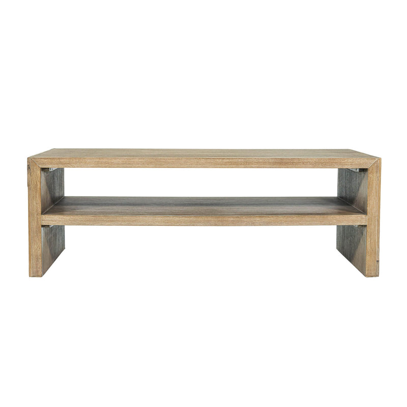 2. "Stylish Atlantis Coffee Table featuring a sturdy metal frame and wooden accents"